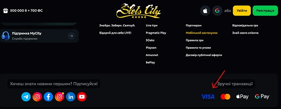 Slots City казино з підтримкою Visa