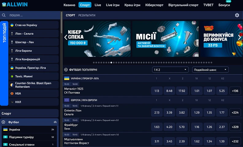 Букмекерська контора Allwin: ставки на спорт та кіберспорт